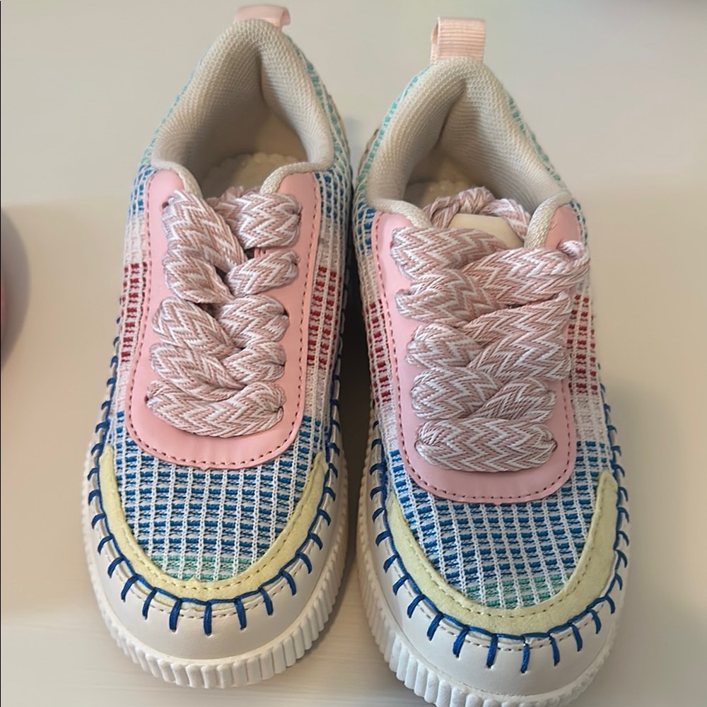 New **** Link Pink and Blue Sneakers with Textured Design and Thick Sole